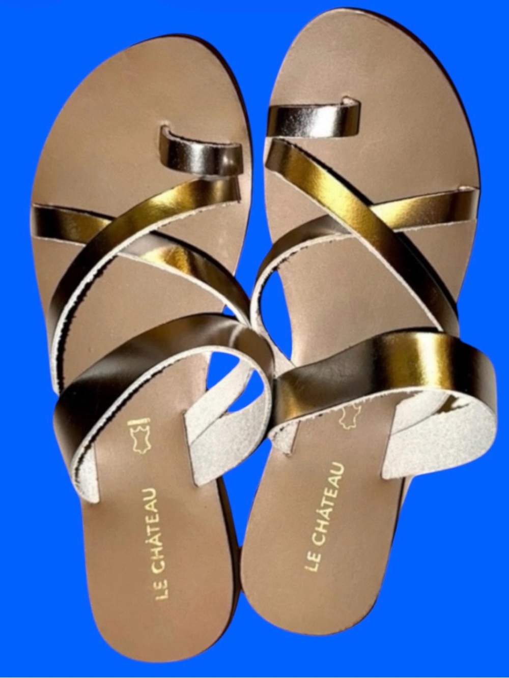 NIB Le Chateau Silver Genuine Leather Slip-On Flat Sandal Size EU 39